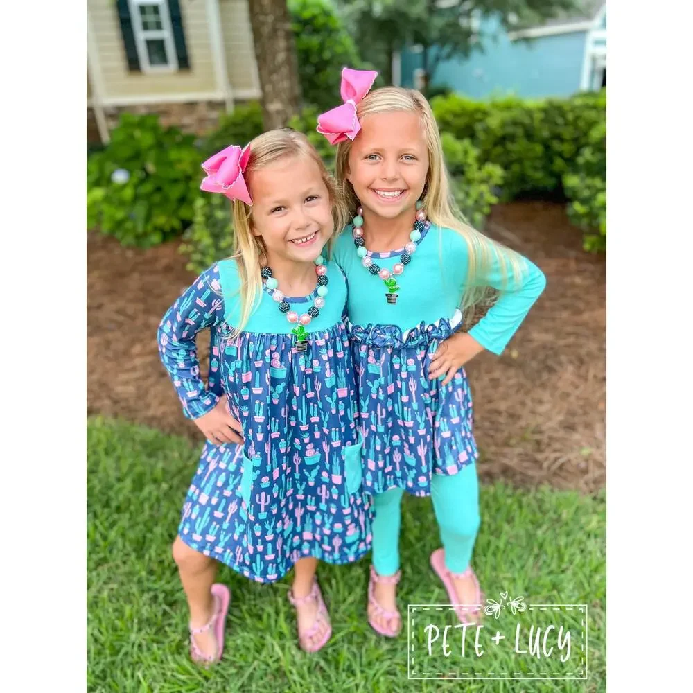 PETE + LUCY Blue Boho Cactus 2 Piece Set Pants Babydoll Top 2T NEW